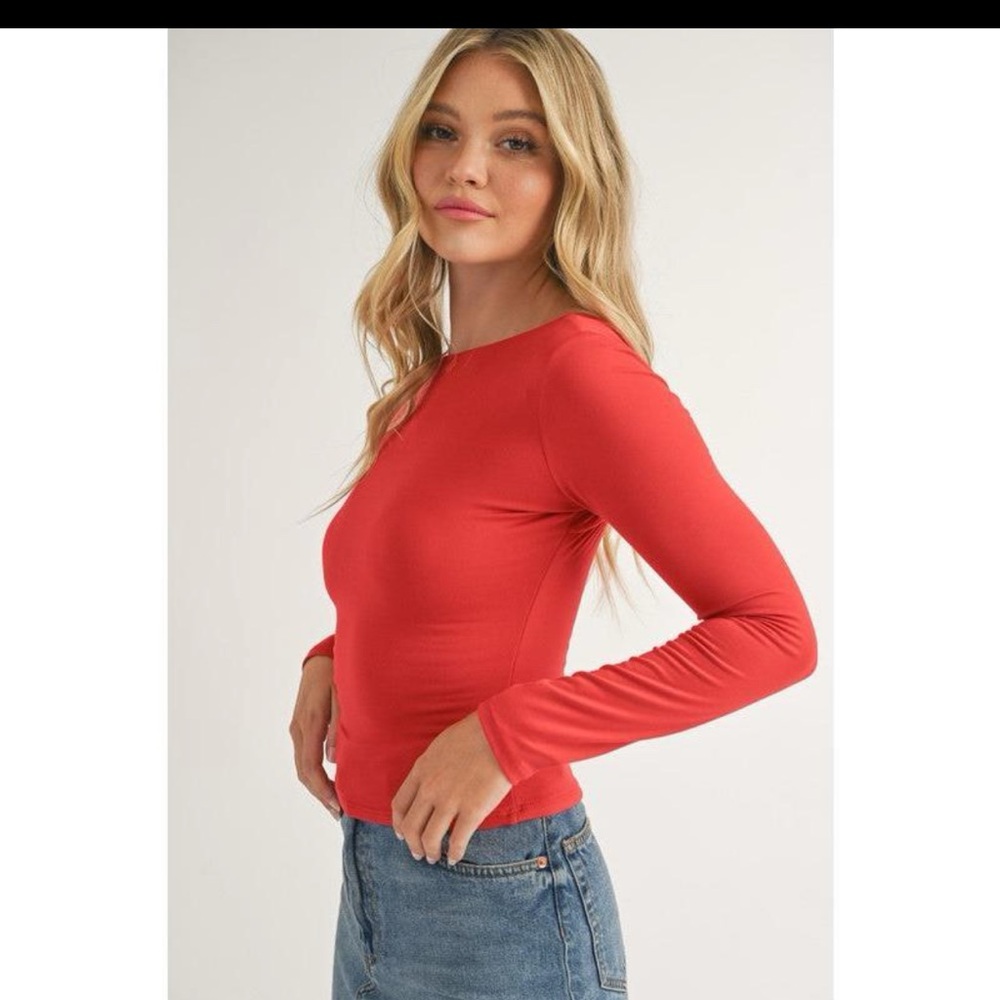 Red Long Sleeve Women's Scoop Back Top